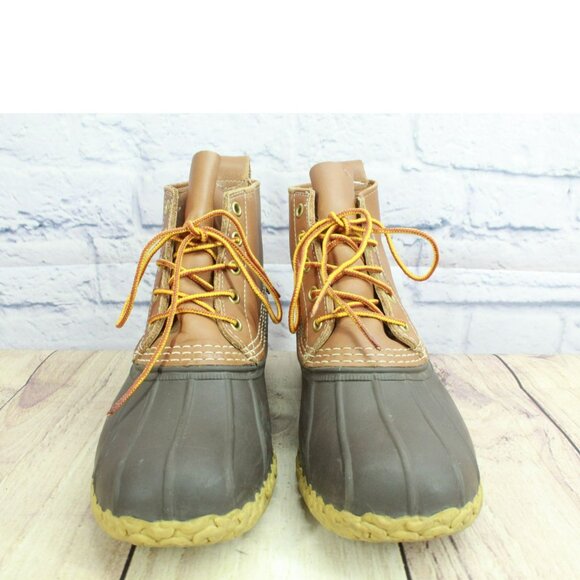 LL Bean Brown Leather Lace Up Round Toe Unlined Ankle Duck Boots Size 9 M - Picture 4 of 10